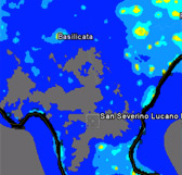 San Severino Lucano secondo le mappe di Cinzano. I valori in legenda esprimono la magnitudine delle stelle visibile allo Zenit