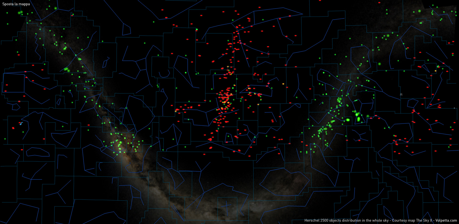 Distribuzione degli oggetti del catalogo di Herschel 2500 sulla Volta Celeste