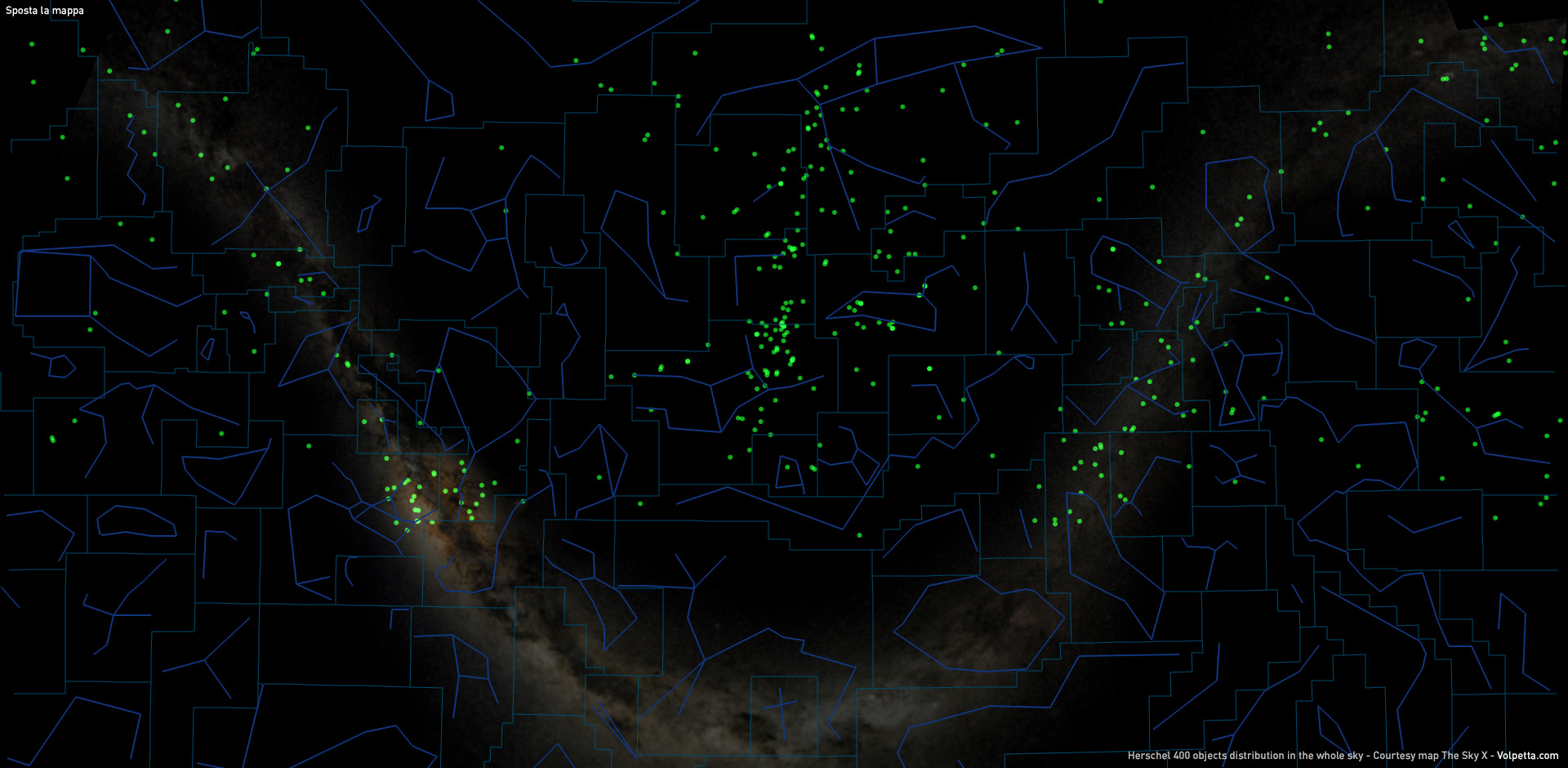 Disposizione in cielo degli oggetti del catalogo Herschel 400